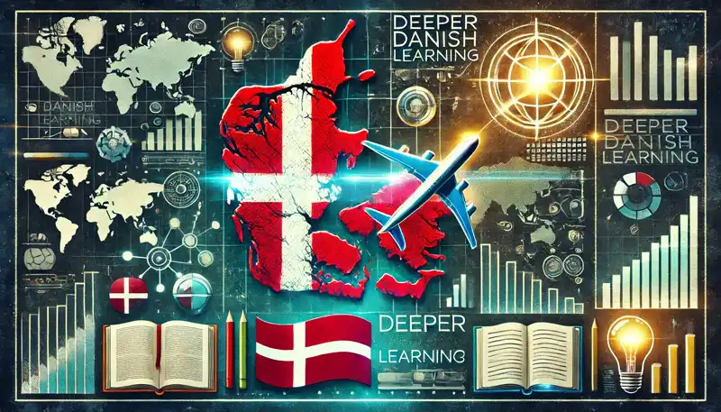 A vibrant infographic showcasing Denmark, featuring a map, flag, and airplane, with icons representing deeper Danish language learning 3 month course