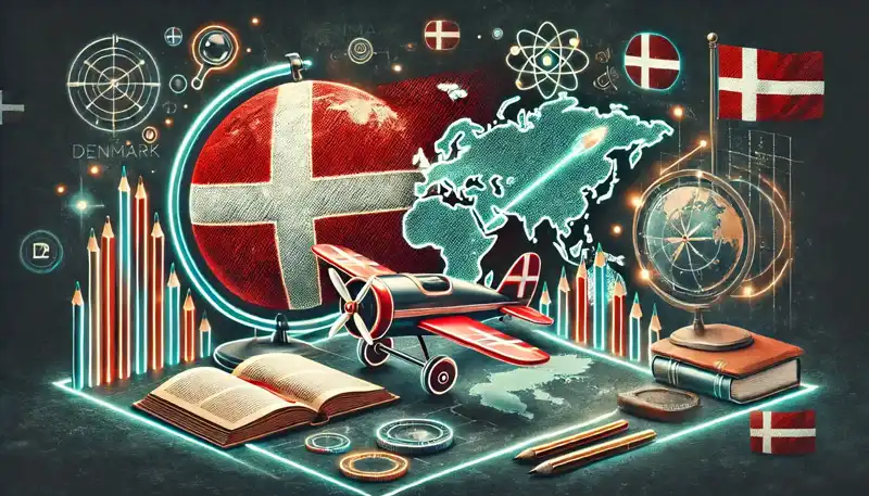 An educational illustration highlighting Danish culture and language with maps, graphs, and icons for learning resources 6 week course