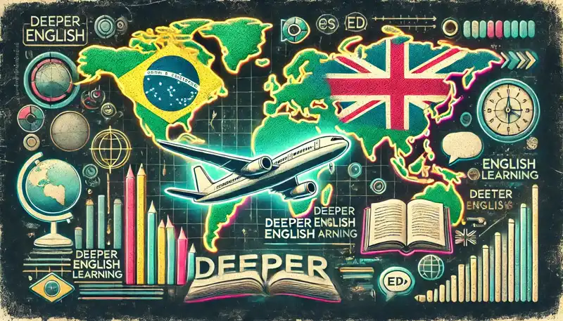 A detailed infographic emphasizing deeper English learning, with world maps, charts, and icons representing education and travel 3 month course