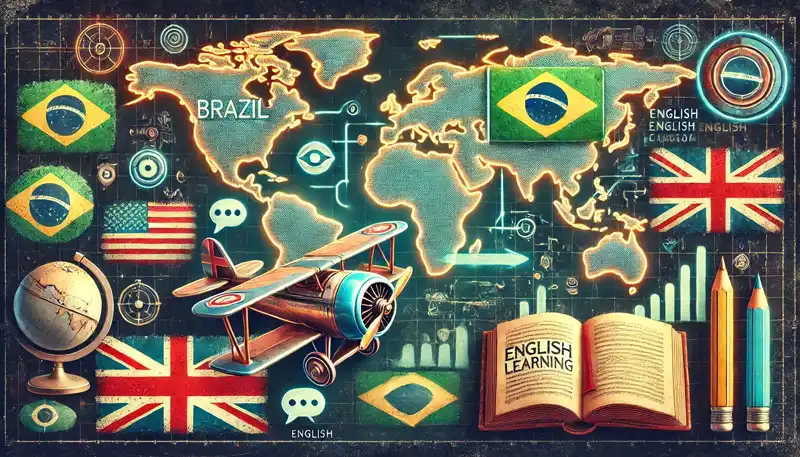 A colorful visual representation of English language learning, featuring flags, books, and an airplane set against a world map 6 week course