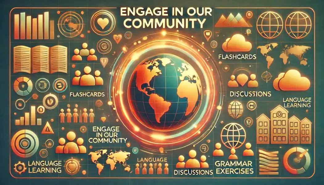 An engaging infographic featuring a glowing globe surrounded by icons representing language learning, flashcards, discussions, and a supportive community