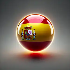 A 3D representation of the Spanish flag in the form of a polished glowing sphere. The design features simple, clean red and yellow stripes